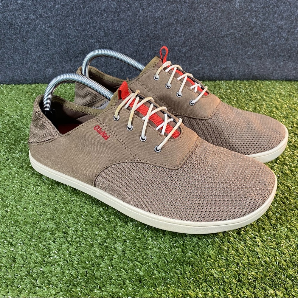 Olukai Nohea Moku Sneakers Mens Size 10 Mesh Taupe Red Crushback Elastic Lace